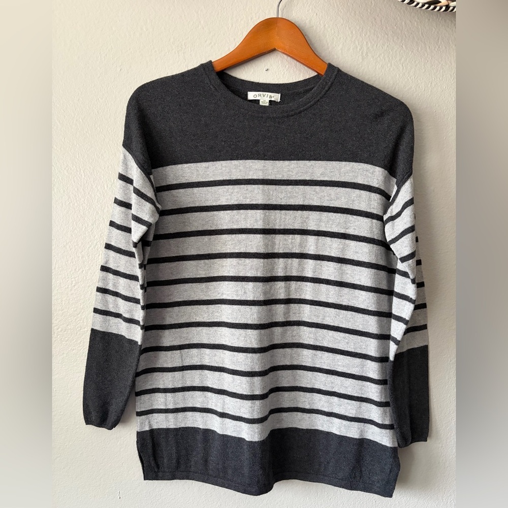 Orvis Silk Cashmere Cotton Charcoal Light Gray Striped Crewneck Sweater Women XS